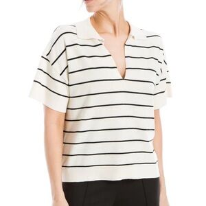 Max Studio London Collar Knit Top Ivory Black Stripe  Short Sleeve Size Large